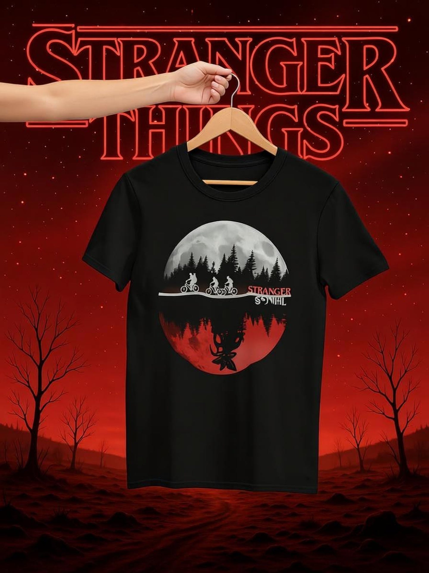 Stranger Things Inspired Moon Bike Tee — Upside-Down Forest Silhouette T-Shirt
