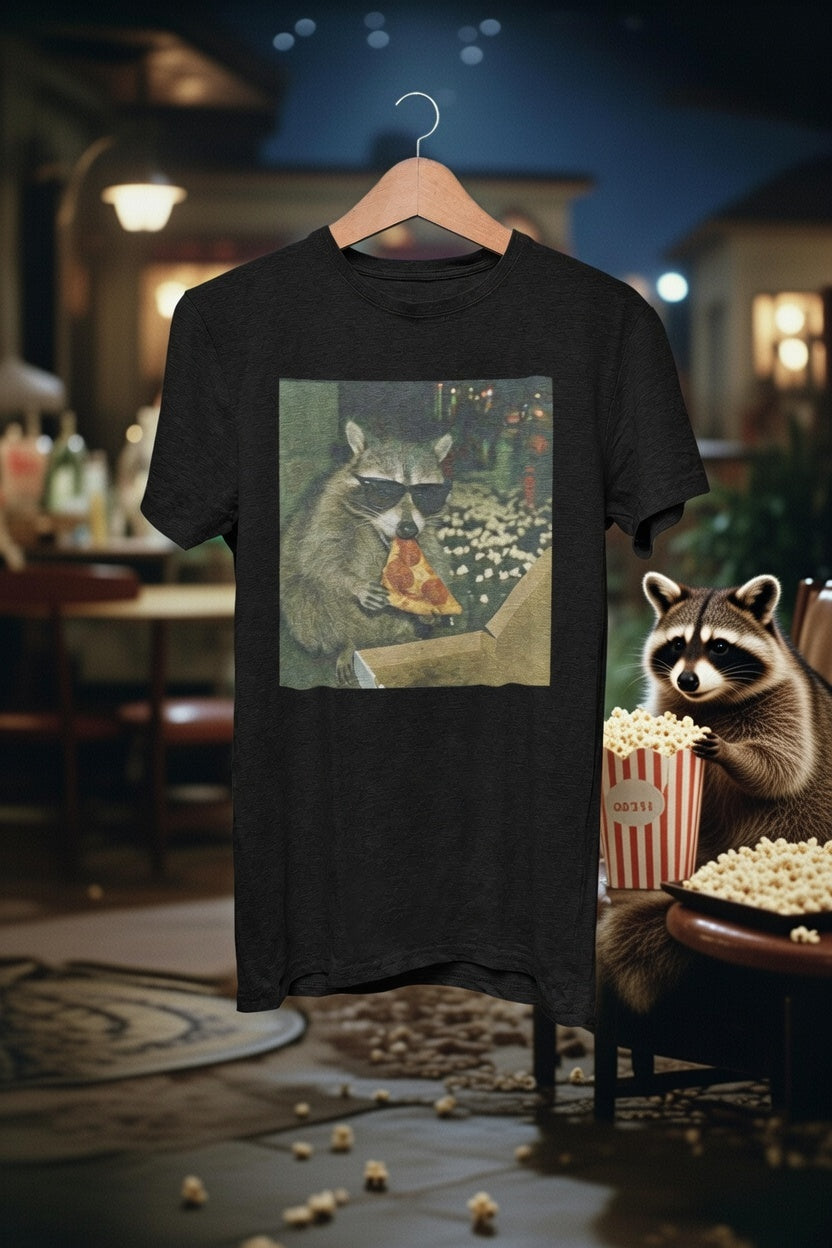 Raccoon Pizza Night T-Shirt — 'Pizza & Popcorn' Movie Night Tee